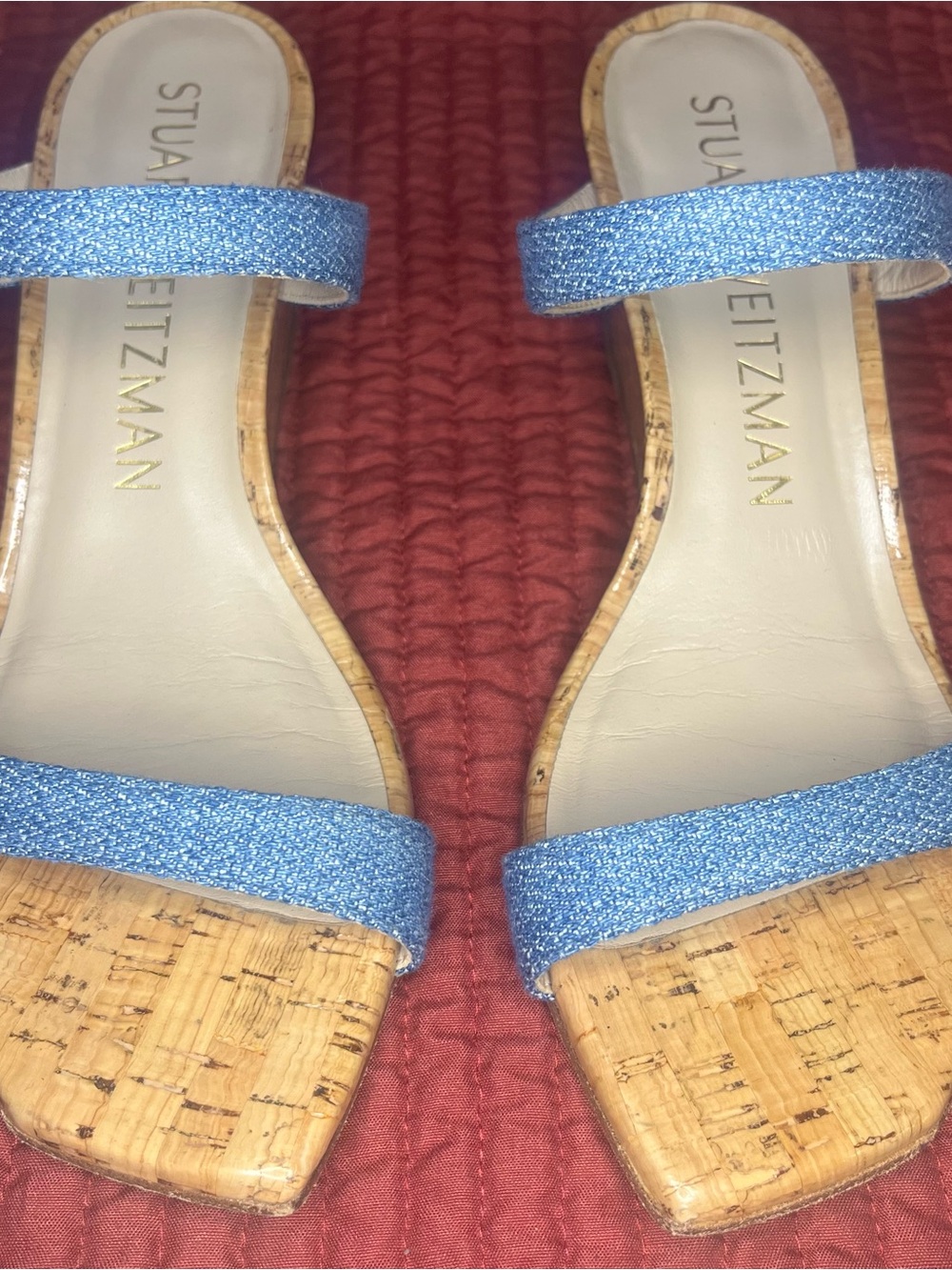 Stuart Weitzman Aleena 50 Cork Wedge Sandals Blue Slide Square Toe Size 7.5
